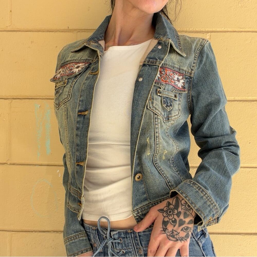 Y2K Cache McBling Denim Vest Floral Accents XS